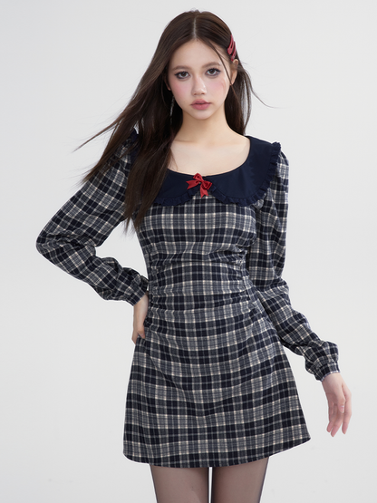 Checked Ribbon Frill-Collar Girly Retro One-Piece