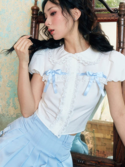 Puff-Sleeve Ribbon Frill Lace Sweet Short Blouse