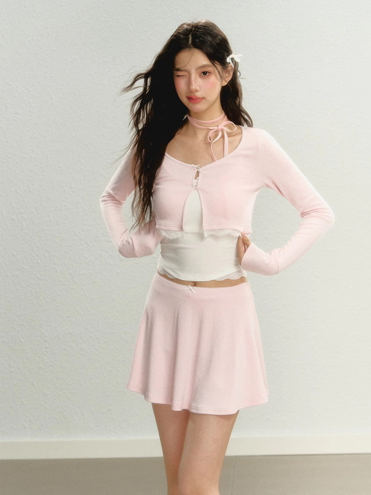 Set-Up Ribbon Feminine Plain Tops＆Mini-Skirt＆Bolero