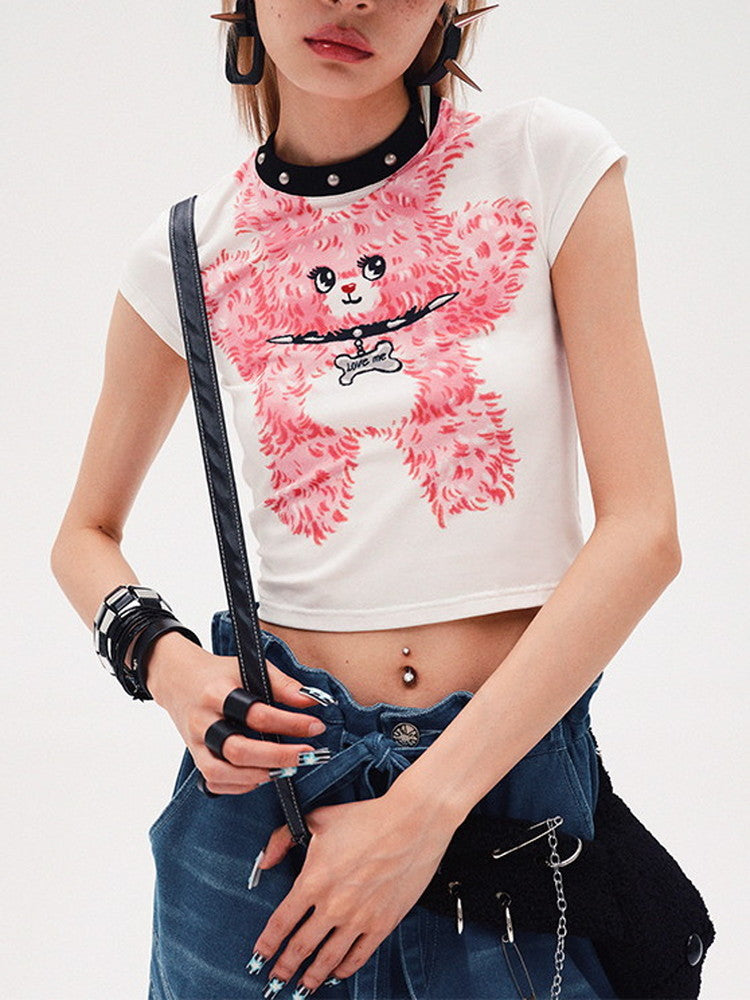 Fancy French-Sleeve Bear Character Pop Shrot Cutsew