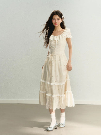 Punching Flower Frill Tiered Girly Long Dress