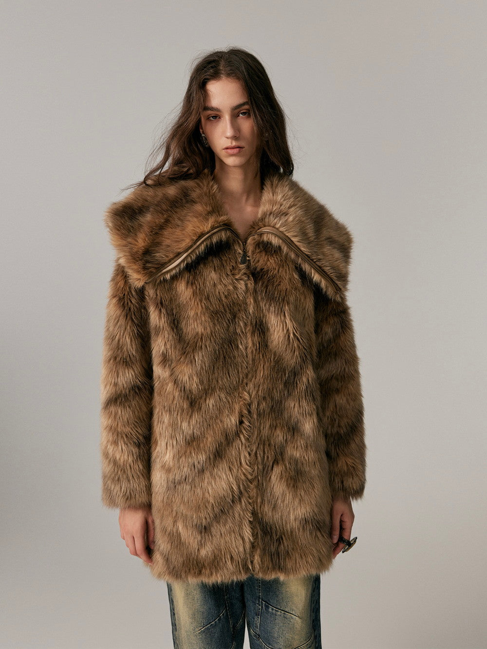 Elegant Long Occasion High-End Big-Collar Fur-Coat