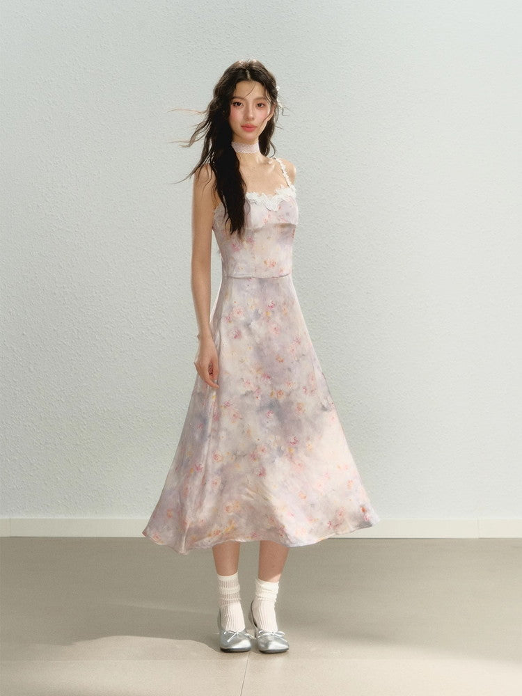 Flower Pale-Tone Lace Butterfly Camisole Dress