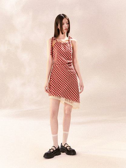 Checked Girly Asymmetry Lace Shoulder-Ribbon Dress