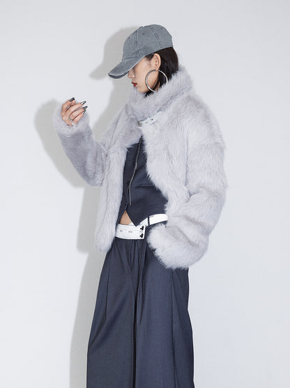 Stand-Collar High-End Fluffily Fur-Jacket