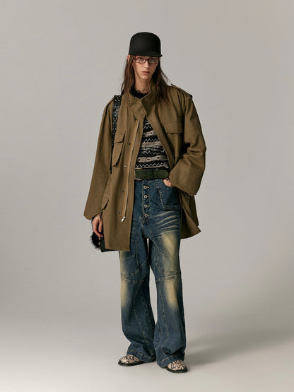 Stand-Collar Casual Loose Washedvintage Middle Jacket