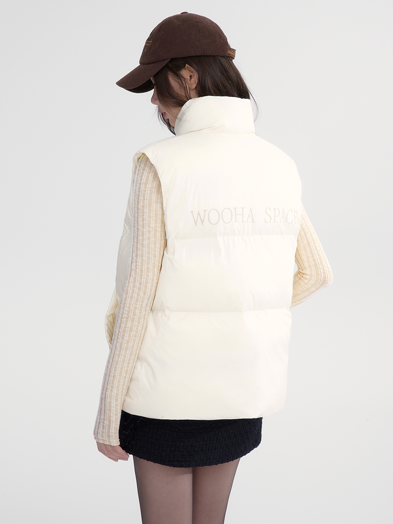 Stand-Collar Plain Cottono Natural Down-Vest