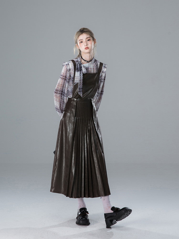 Leather Pleats Suspenders Long Plain Dress