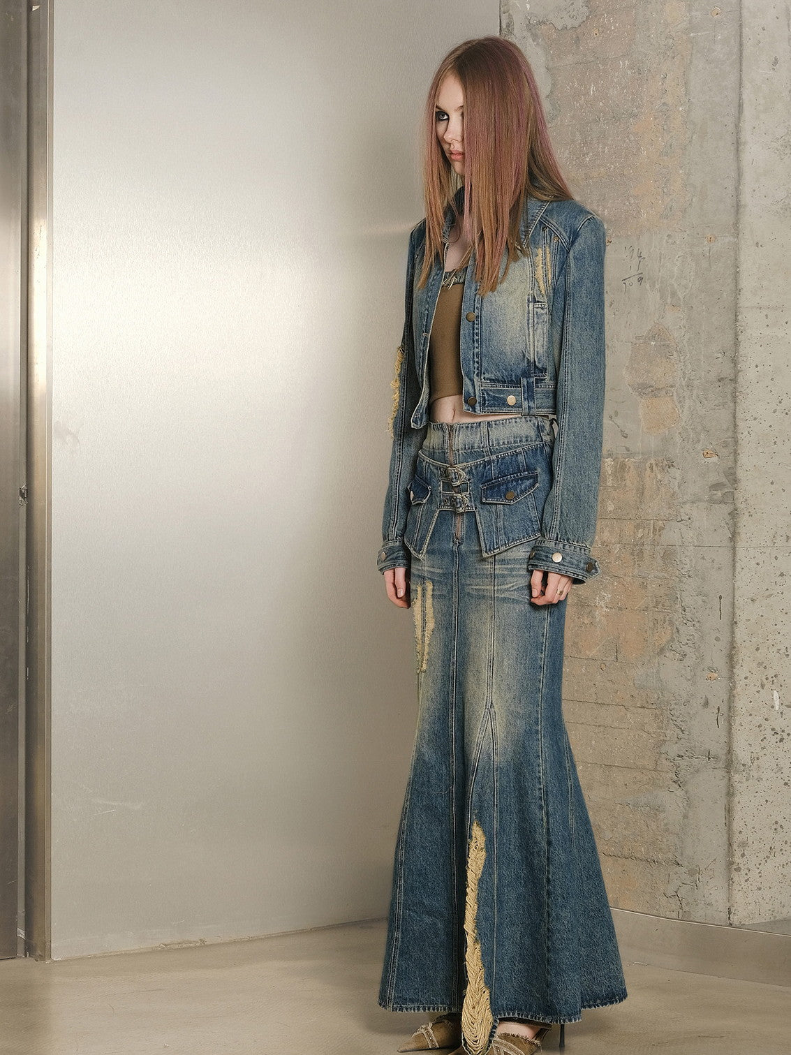 Set-Up Denim Washed Casual Mermaid Jacket＆Long-Skirt