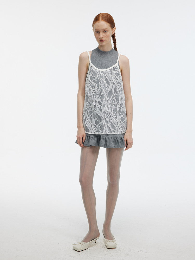 American-Sleeve Lace Layered Sweat Short Dress