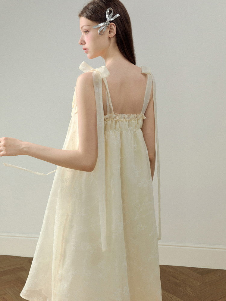 Flare Ciffon Embroidery Flower Natural Long Dress