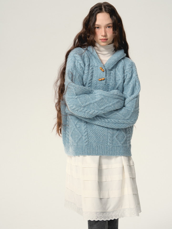 Retro Hoodie Natural Simple Oversize Cable-Knit