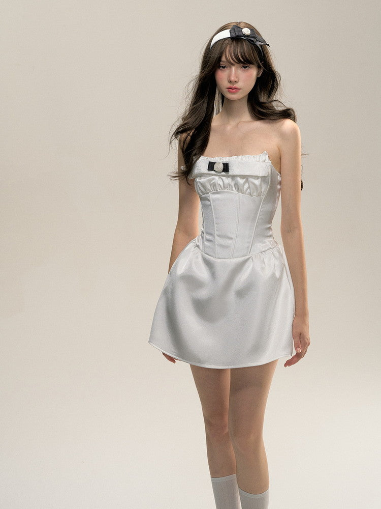 Satin Bare-Top Fluffliy Slim Short Dress＆bolero