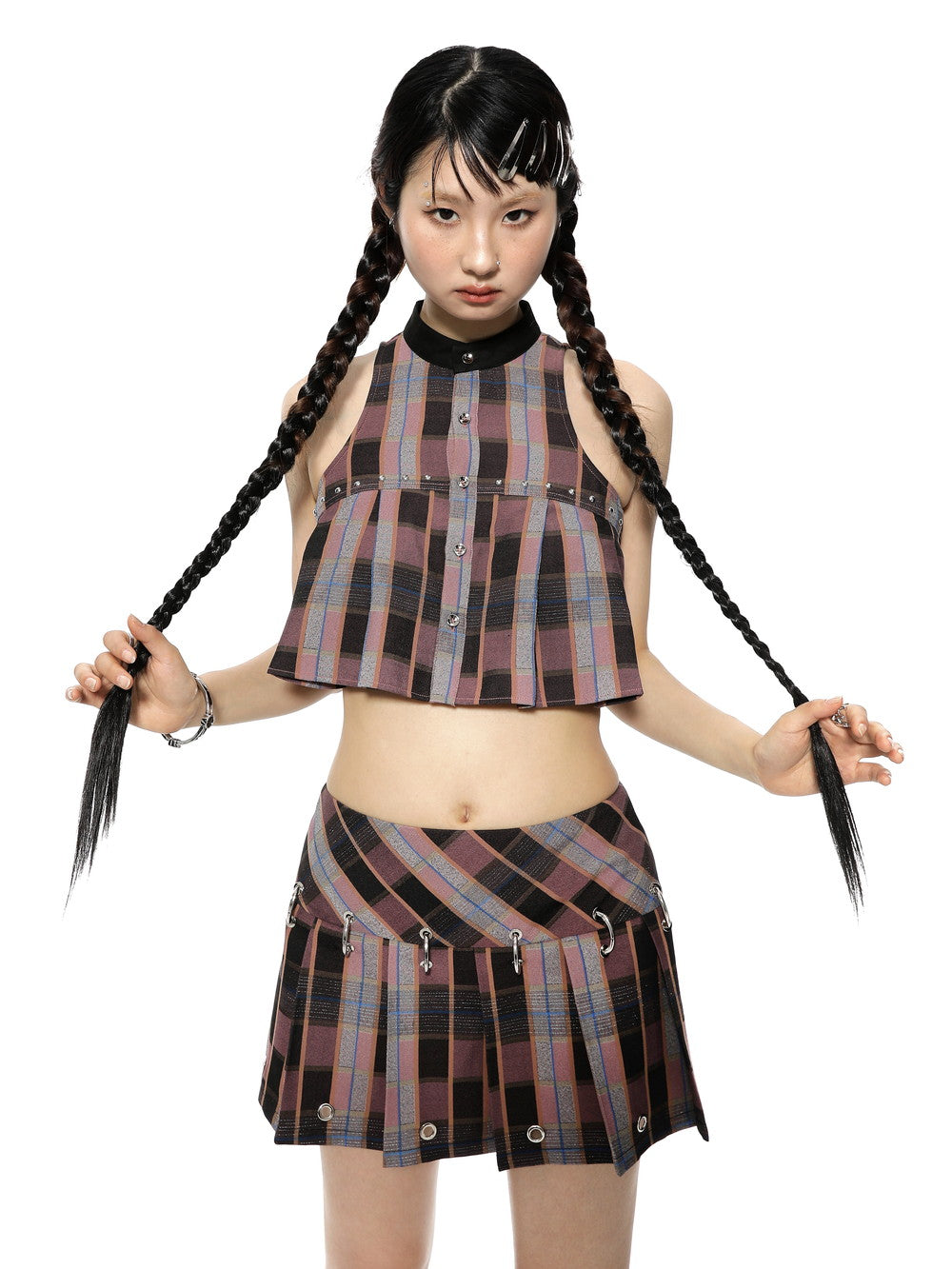 CHECKED PLEATS FLARE SLEEVESSS CROPPED TOPS