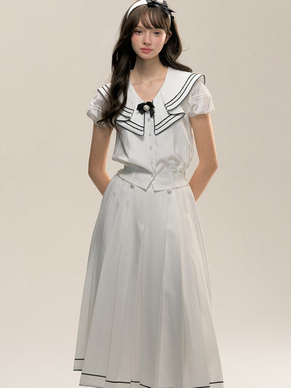 Bi-Color Ribbon Sailor-Collar Puff-Sleeve College Blouse＆Skirt