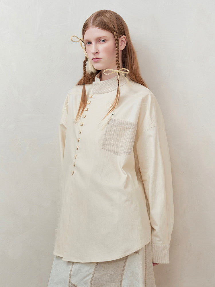 Oversize China Side-Button Band-Collar Shirt