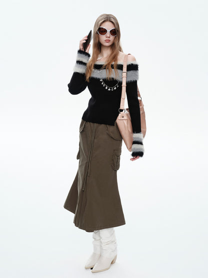 Off-Shoulder Border Fluffily Nichi Short-Knit