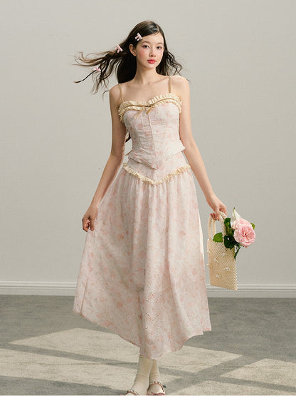 Set-Up Flower Feminine Cute Frill Camisole Bustier＆Long-Skirt