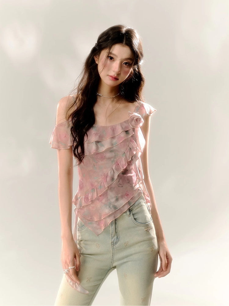 Asymmetry Ciffon Frill Flower Rose Drape Tops