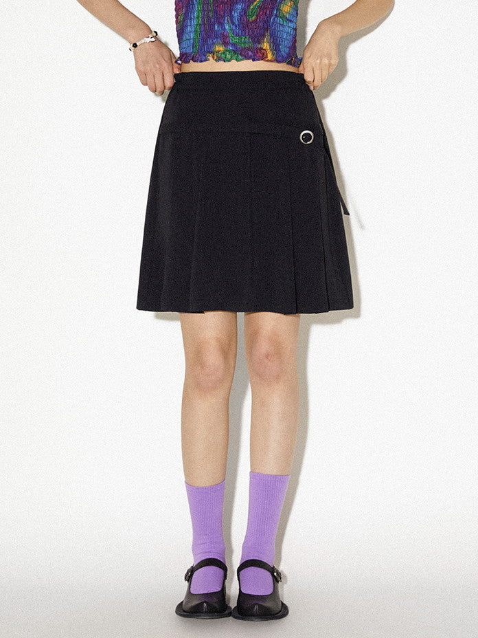 Box-Pleats Simple Belt Casual Middle Plain Skirt