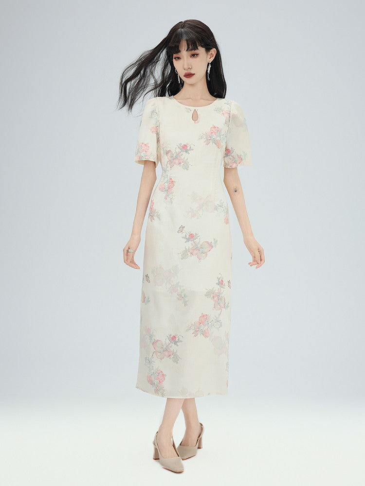 China Drop-Cut Flower Feminine Modest Long Puff-Sleeve Long Dress