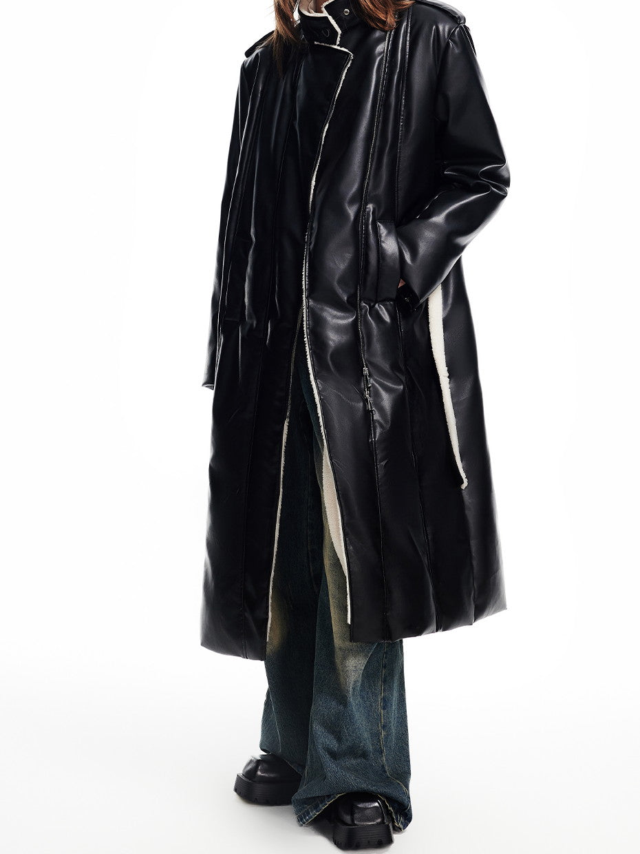 Leather High-End Boa Stand-Collar Plain Overzie Zip Long-Coat