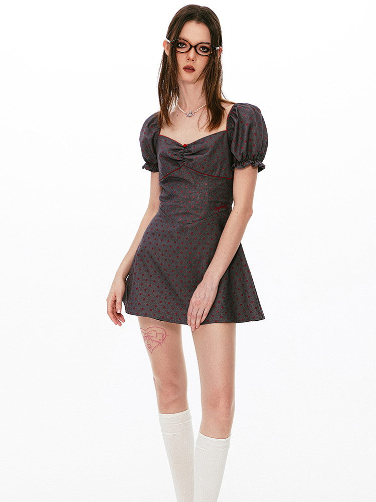 Puff-Sleev Dot Cut Flare Short Retro Dress