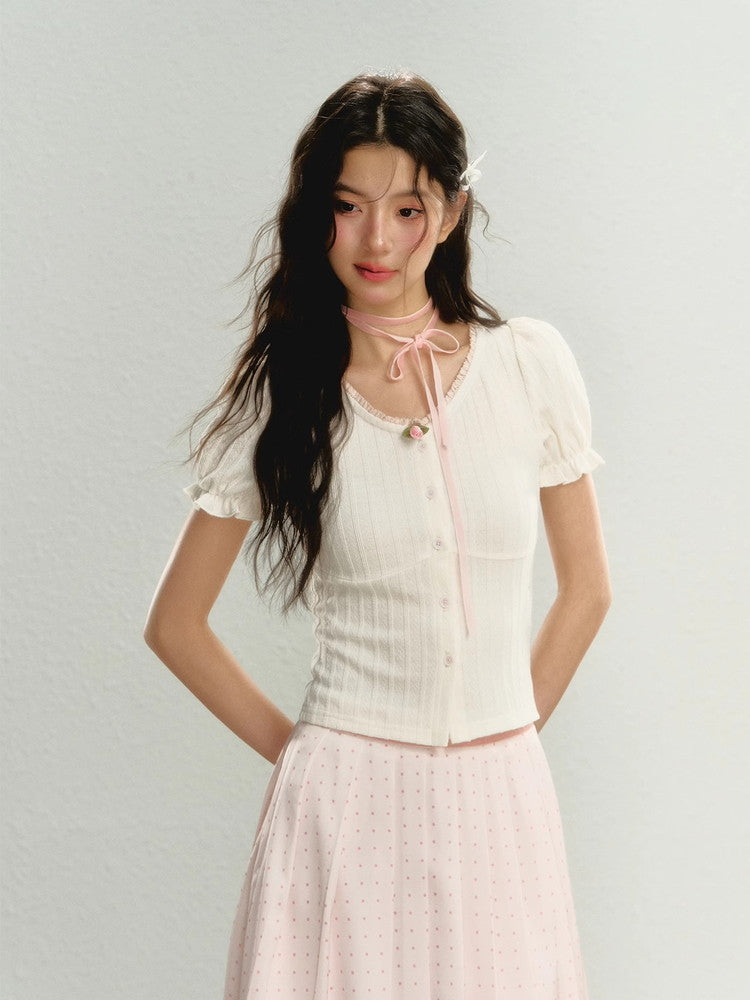 Candy-Sleeve Rose Slim Lace Summer-Knit