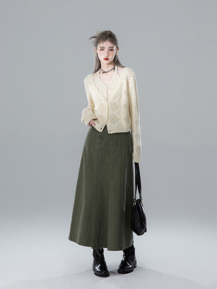 Denim Falre High-Waist Simple Long-Skirt