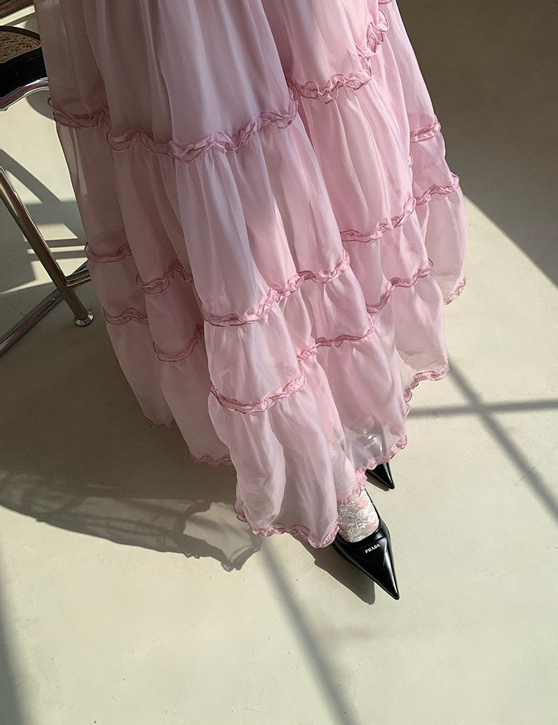 Tulle Ciffon Tiered Sheer Volume Long-Skirt