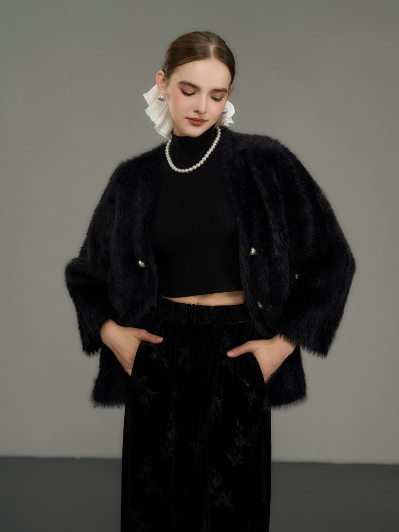 Pearl-Button Luxury Thick Simple Chic Fur-Jacket