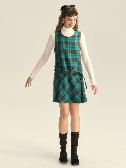 Wool Checked Sleeveless U-Neck Layered One-Piece