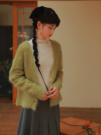 Mohair-Knit Fluffily Classy Middle Cardigan