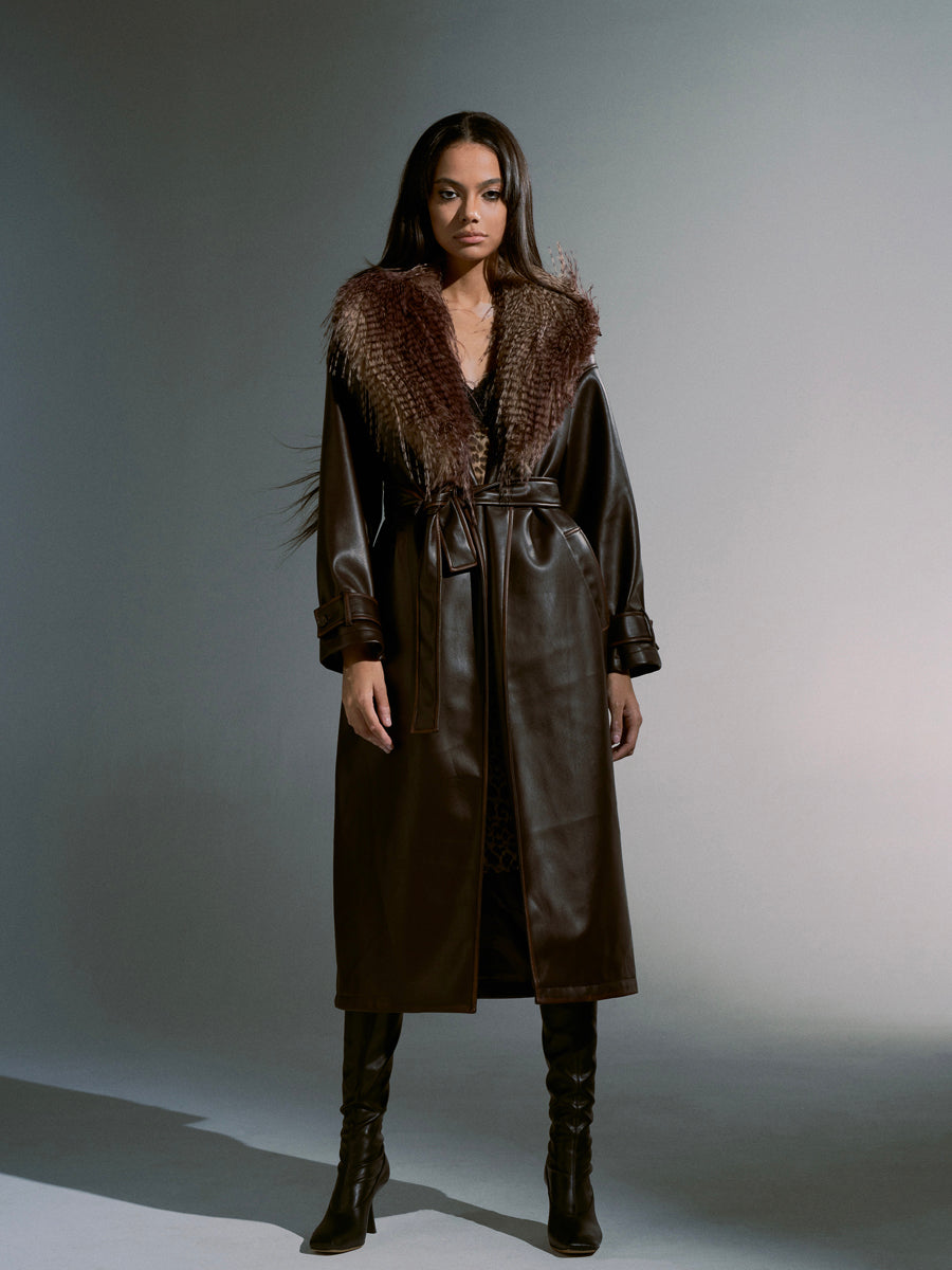 Leather Fue High-End Elegant Long-Coat