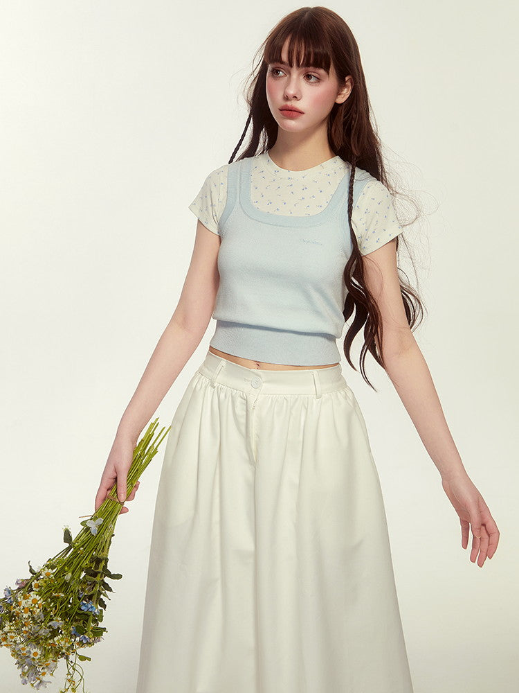 Embroidery Elastic-Waist Flare Simple Long-Skirt