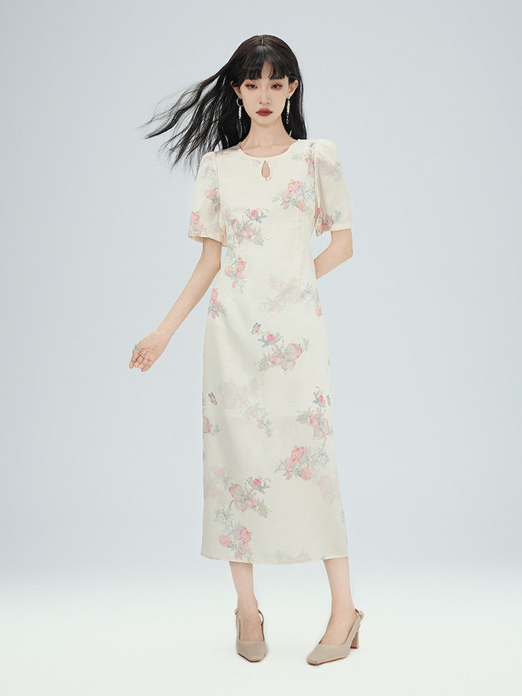 China Drop-Cut Flower Feminine Modest Long Puff-Sleeve Long Dress