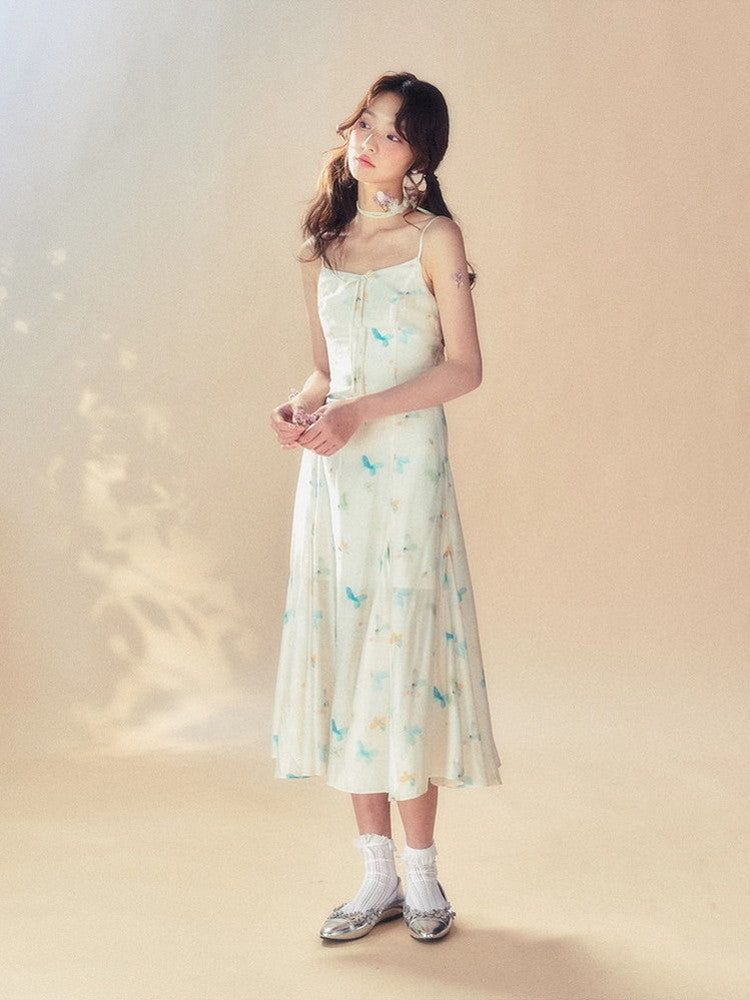 Butterfly Watercolor Camisole Retro Long Dress