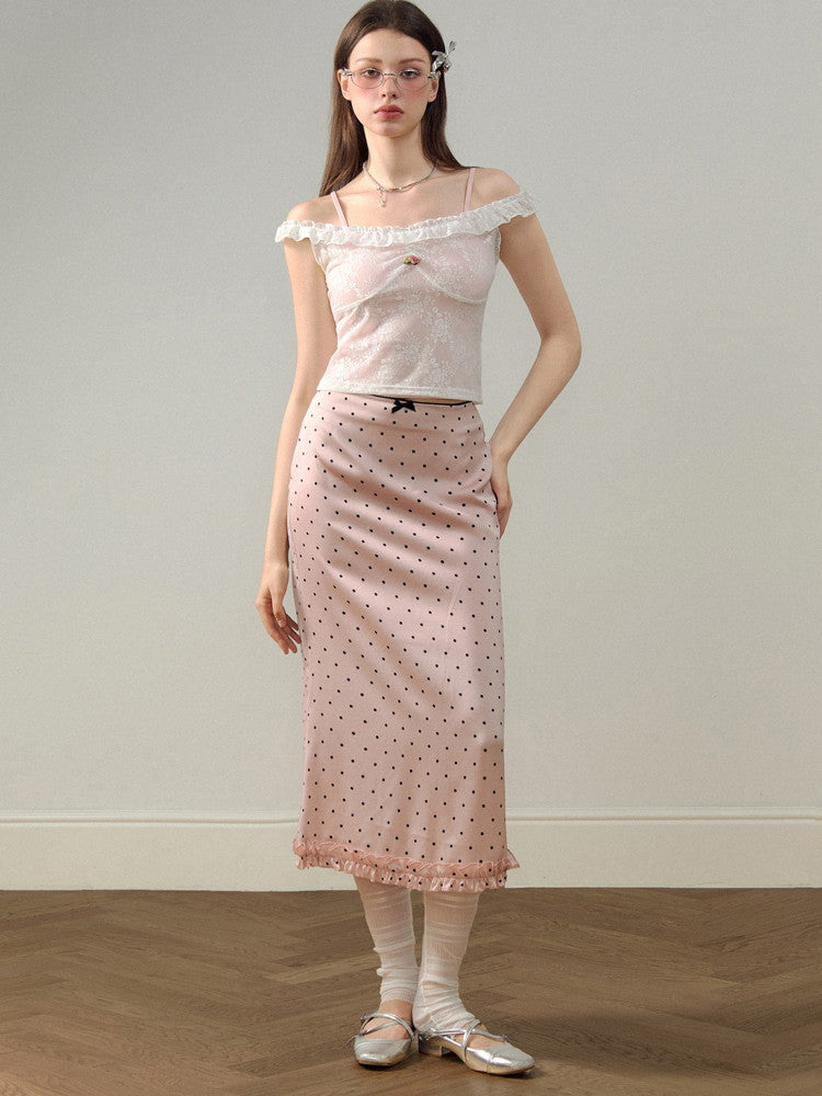 Satin Dot Lace frill Cute Long-Skirt