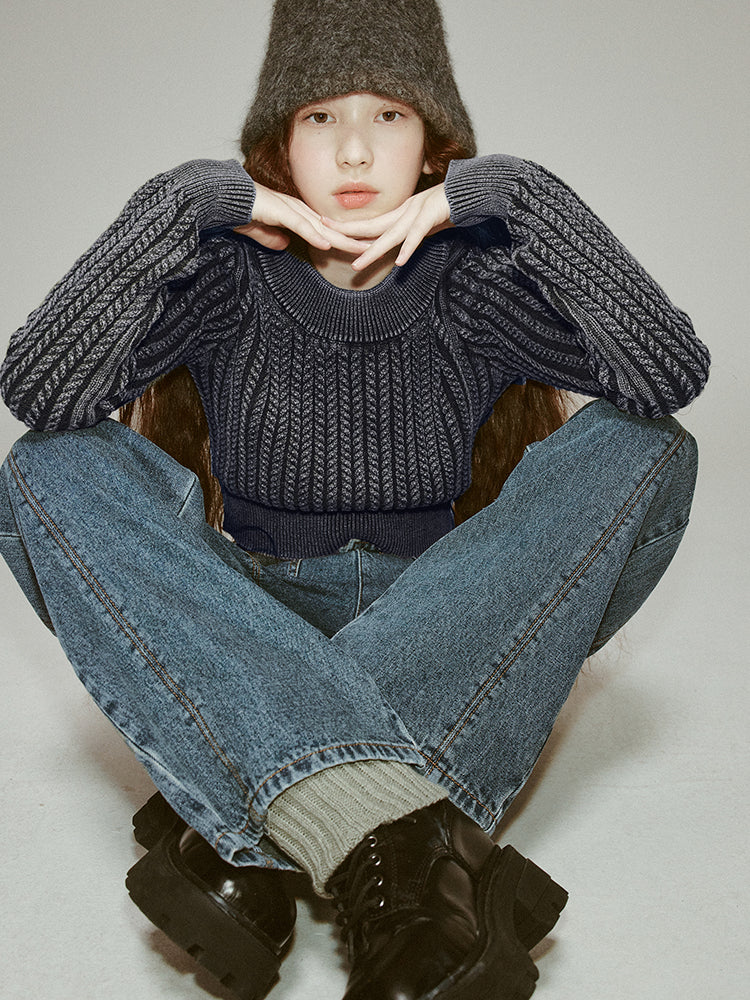 Denim-Blue Short Cable-Knit Retro Round-Neck Tops