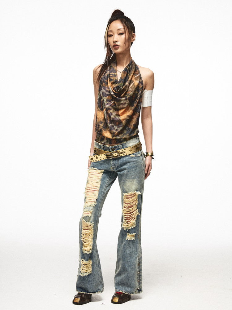 Halter-Neck Back-Open Drape Tie-Dye Loose Tops