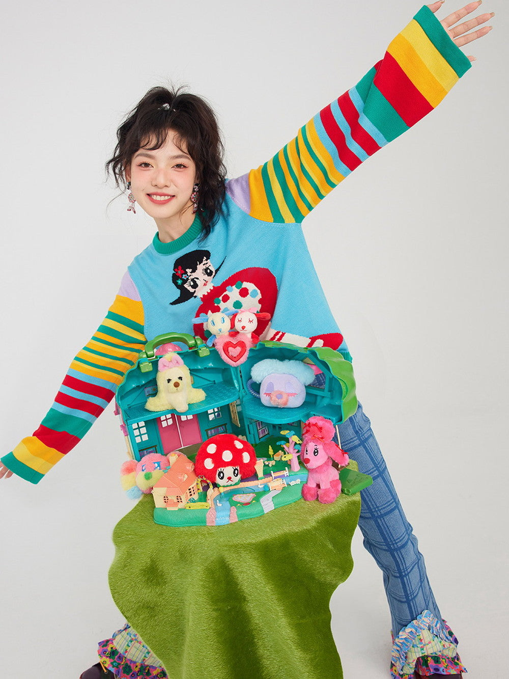 Colorful Rainbow Border Girl Fancy Knit