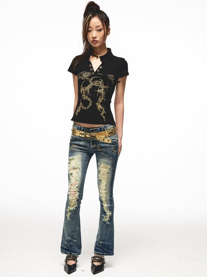 Embroidery Metallic Nichi V-Neck Casual Tops