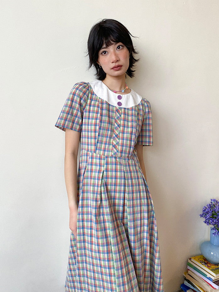 Checked Girly Retro Colorful Flare Long One-Piece