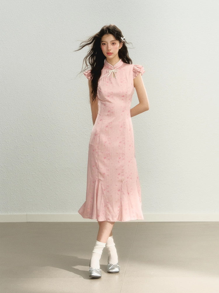 China Flower Frill-Sleeve Long Retro Dress