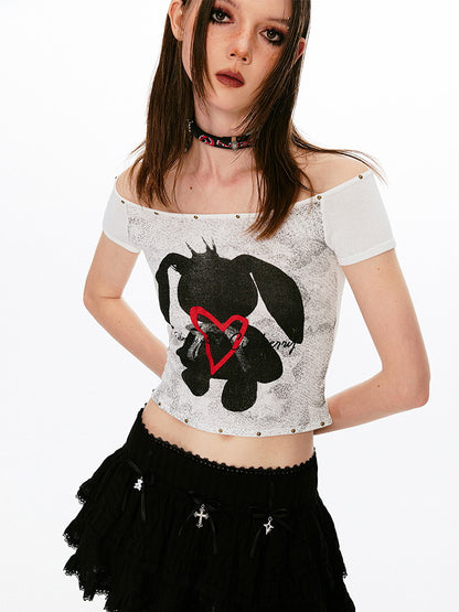 Rabbit Off-Shoulder Short Tight T-Shirt