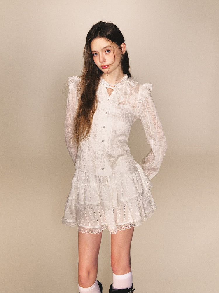 Feminine Frill Candy-Sleeve Ribbon Lace Blouse