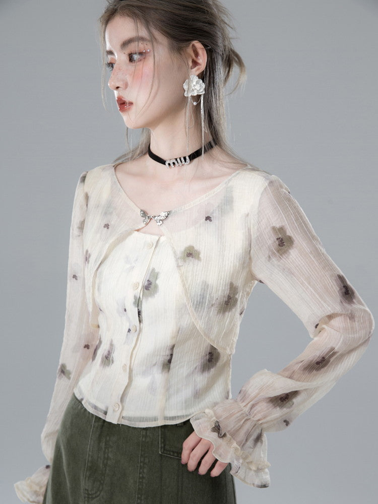 Ciffon Flower Balloon-Sleeve Sheer Retro Blouse