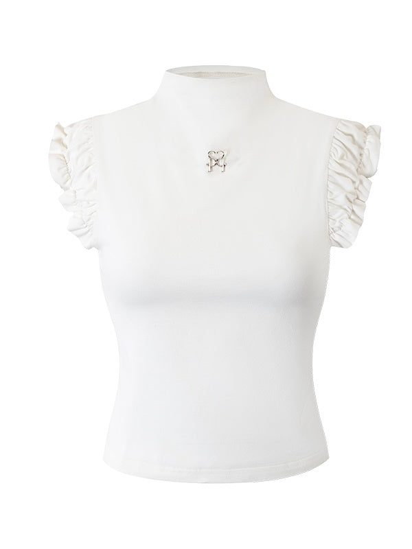 Bottle-neck Frill French-sleeve Classic Tops