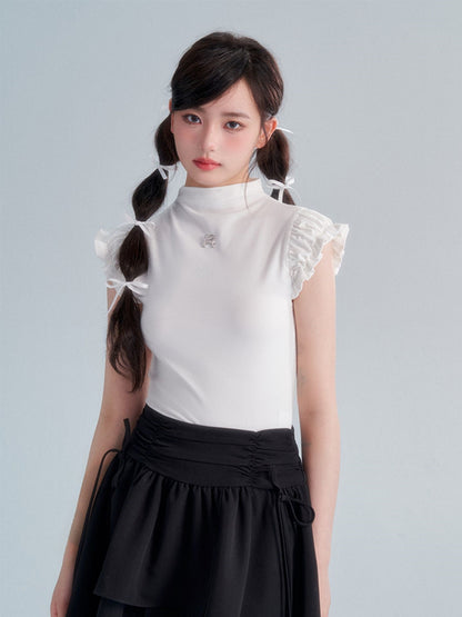 Bottle-neck Frill French-sleeve Classic Tops