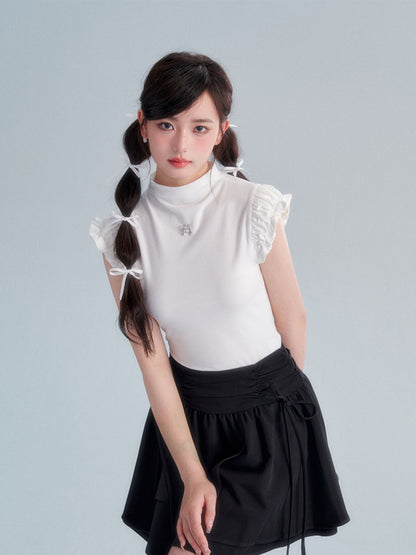 Bottle-neck Frill French-sleeve Classic Tops